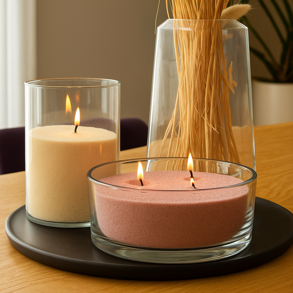 Licht beige kaarsenzand met oud roze kaarsenzand cadeau purecandle sand en purple rose