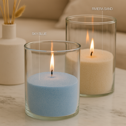 Licht blauw kaarsenzand- beige kaarsenzand - light blue Candle Sand - PureCandle - Sky Blue - Riviera Sand