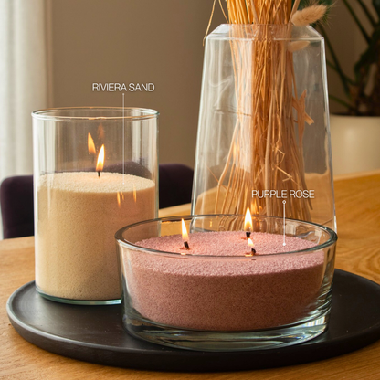 licht beige kaarsenzand met oud roze kaarsenzand purecandle riviera sand en purple rose