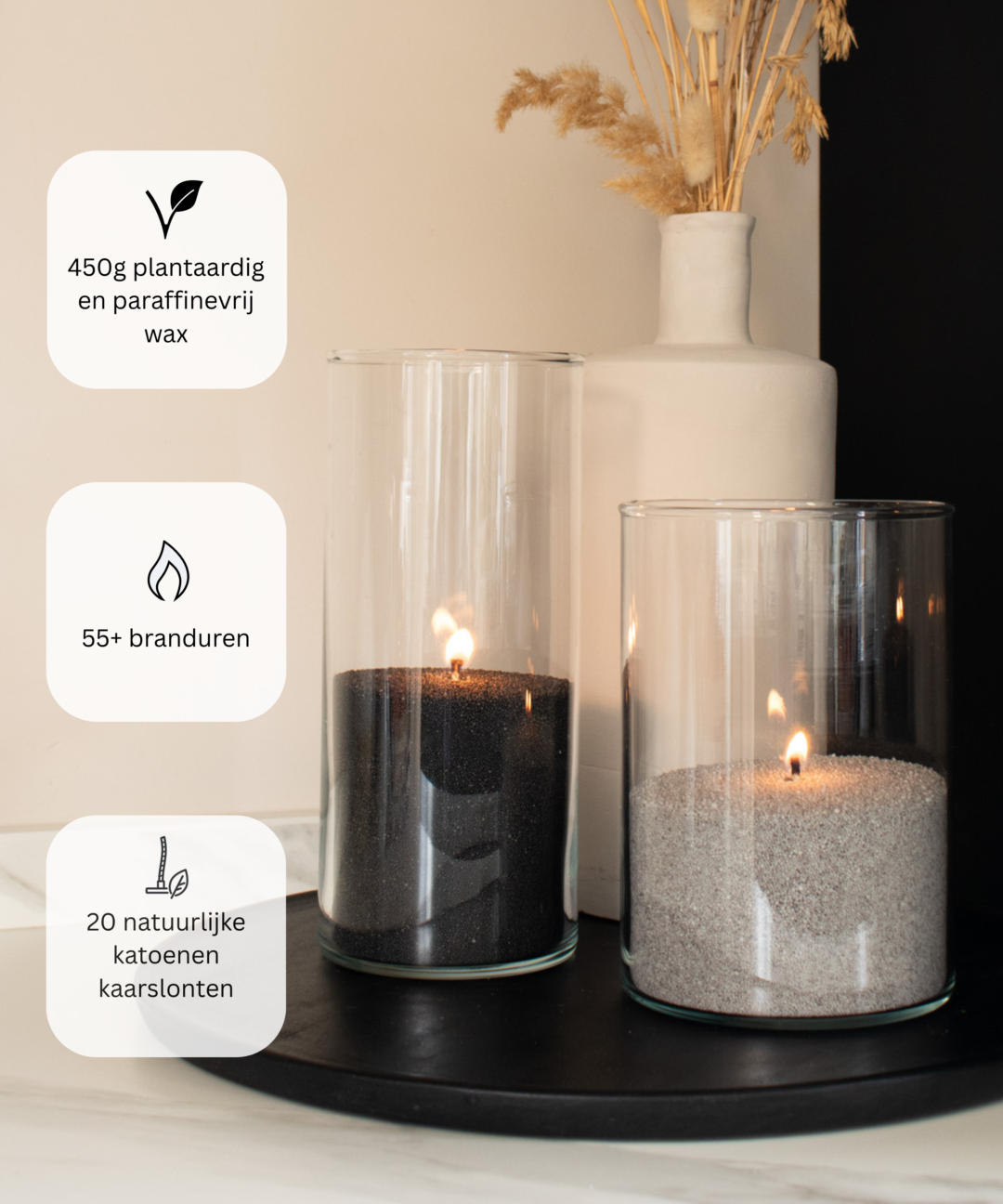 Grijs en zwart kaarsenzand van PureCandle – Natuurlijke, paraffinevrije, plantaardige Candle Sand voor stijlvolle DIY candles en kaarsensets. Kaarsenzand met lonten.