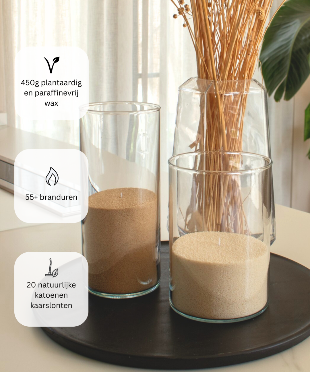 Licht beige en zandkleurig kaarsenzand met lonten van PureCandle – natuurlijke, paraffinevrije candle sand voor DIY kaarsen en navulbare kaarsensets